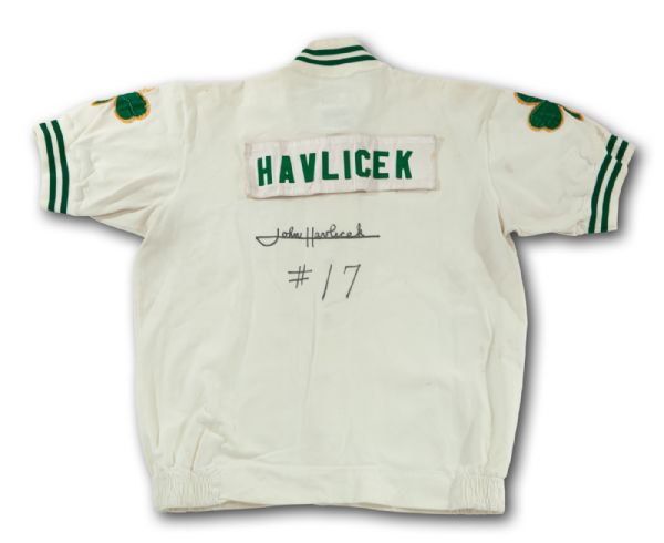 JOHN HAVLICEK’S 1970’S SIGNED BOSTON CELTICS WHITE GAME WORN HOME WARM-UP JACKET (HAVLICEK LOA)