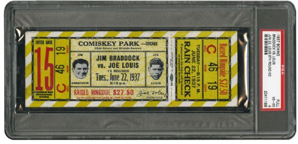  JUNE 22, 1937 JOE LOUIS VS JAMES J. BRADDOCK WORLD HEAVYWEIGHT CHAMPIONSHIP FIGHT FULL TICKET VG-EX PSA 4