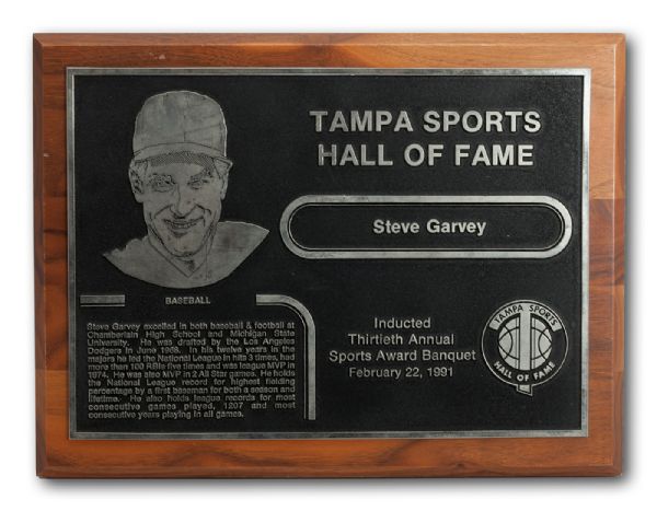 STEVE GARVEYS 1991 SIGNED TAMPA SPORTS HALL OF FAME INDUCTION PLAQUE (GARVEY LOA) 