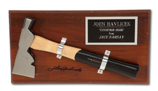 JOHN HAVLICEK’S SIGNED “HATCHETMAN AWARD” PRESENTED BY JACK RAMSAY (HAVLICEK LOA) 