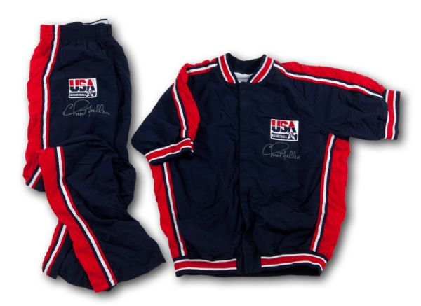  CHRIS MULLINS 1992 OLYMPIC (USA DREAM TEAM) GAME WORN AND SIGNED WARM-UP JACKET AND PANTS (MULLIN LOA)