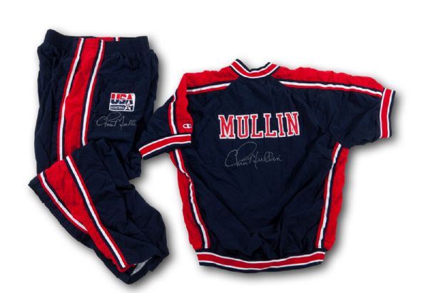  CHRIS MULLINS 1992 OLYMPIC (USA DREAM TEAM) GAME WORN AND SIGNED WARM-UP JACKET AND PANTS (MULLIN LOA)