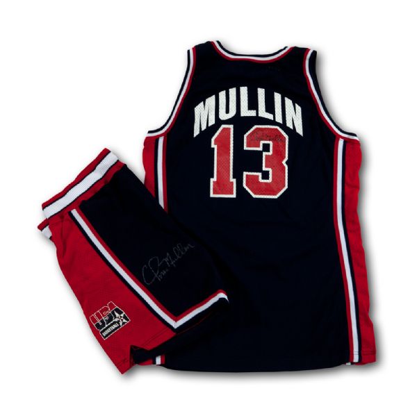  CHRIS MULLINS 1992 OLYMPIC (USA DREAM TEAM) GAME WORN AND DUAL-SIGNED JERSEY AND SHORTS (MULLIN LOA)