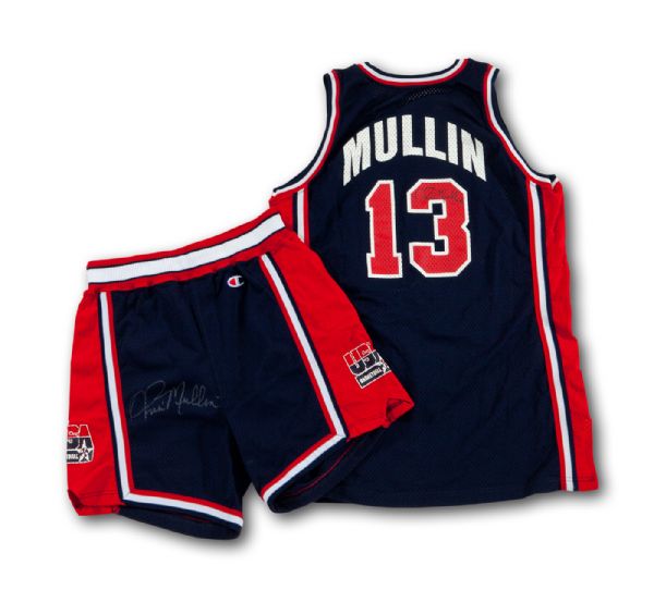  CHRIS MULLINS 1992 OLYMPIC (USA DREAM TEAM) GAME WORN AND SIGNED JERSEY AND SHORTS (MULLIN LOA)