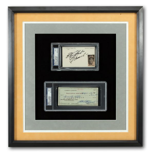  BEAUTIFULLY FRAMED ROBERTO CLEMENTE CHECK AND INDEX CARD BOTH ENCAPSULATED MINT PSA/DNA 9