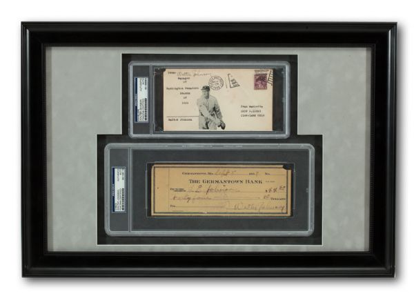  FRAMED WALTER JOHNSON SIGNED RARE LARGE FORMAT CHECK AND ENVELOPE PSA/DNA AUTH