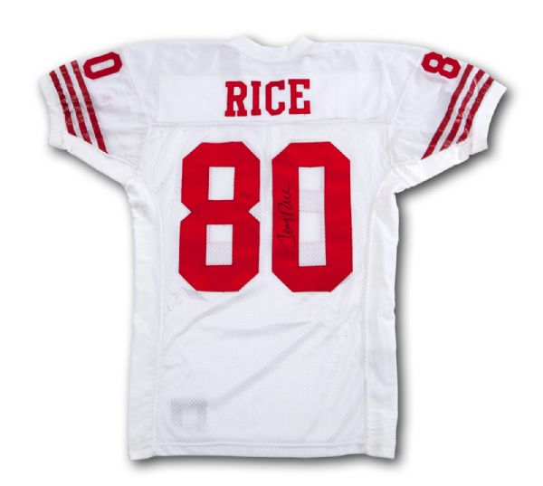 1993 JERRY RICE SAN FRANCISCO 49ERS GAME WORN AND SIGNED ROAD JERSEY 