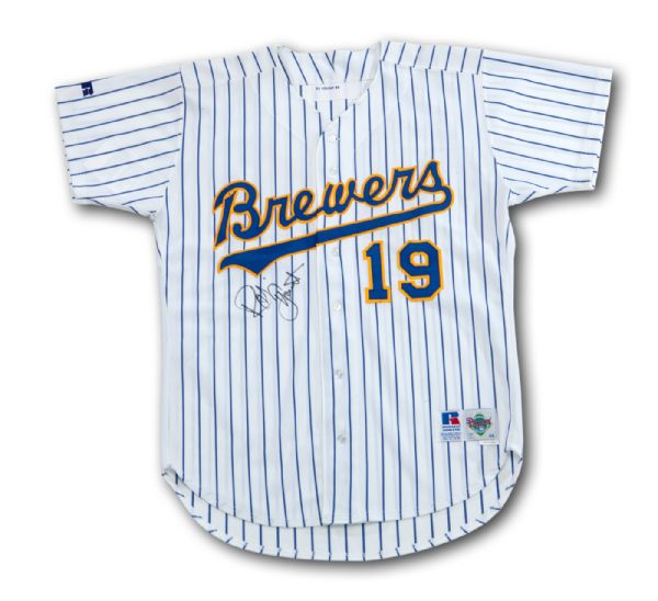 1992 ROBIN YOUNT MILWAUKEE BREWERS GAME WORN AND SIGNED HOME JERSEY (MEARS A10) 
