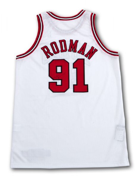 1997 DENNIS RODMAN CHICAGO BULLS GAME WORN AND SIGNED HOME JERSEY 