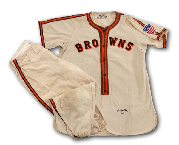 1945 LEN SCHULTE ST. LOUIS BROWNS GAME WORN HOME UNIFORM WITH ADDITIONAL ATTRIBUTION TO PETE GRAY 