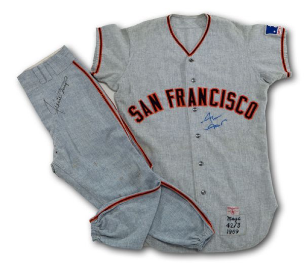 1969 WILLIE MAYS SAN FRANCISCO GIANTS GAME WORN AND SIGNED ROAD JERSEY (MEARS A10) AND PANTS 