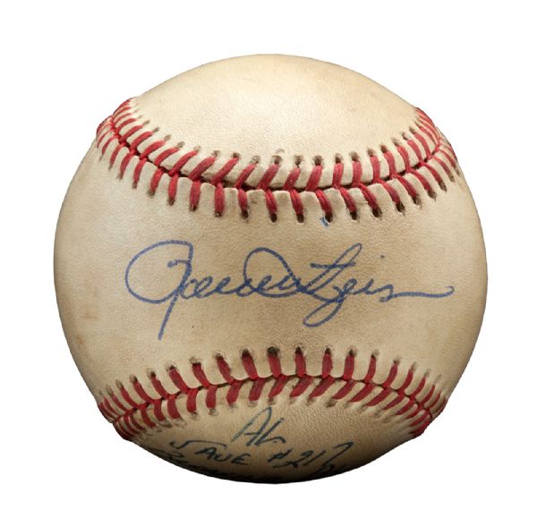 ROLLIE FINGERS 1985 SIGNED SAVE #217 GAME USED AND INSCRIBED BASEBALL (FINGERS LOA) 