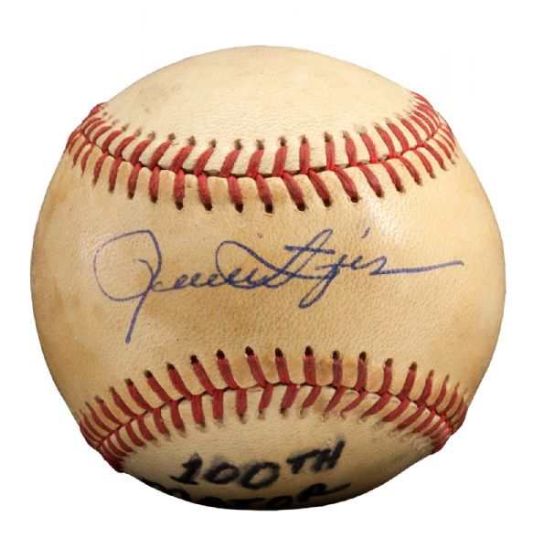 ROLLIE FINGERS SEP. 9, 1980 SIGNED AND INSCRIBED 100TH MAJOR LEAGUE WIN GAME USED BASEBALL (FINGERS LOA) 