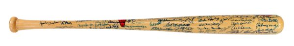  INCREDIBLE HIGH GRADE HALL OF FAME BAT SIGNED BY 104 MLB HOFERS AND STARS INC MANTLE, WILLIAMS, JETER, GOMEZ PSA/DNA AUTH