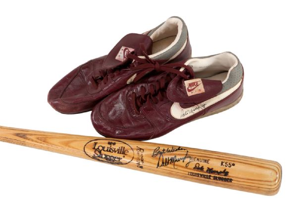 1990-91 DALE MURPHY SIGNED LOUISVILLE SLUGGER PROFESSIONAL MODEL GAME USED BAT AND SIGNED NIKE GAME USED CLEATS 