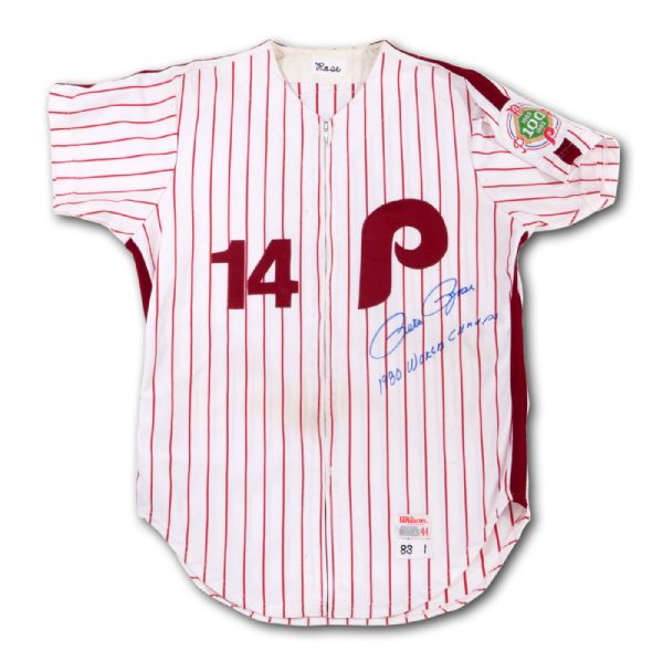 1983 PETE ROSE SIGNED PHILADELPHIA PHILLIES GAME WORN HOME JERSEY 