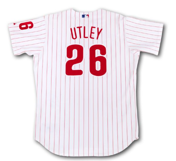 2005-06 CHASE UTLEY SIGNED PHILADELPHIA PHILLIES GAME WORN HOME JERSEY (MEARS A10) 