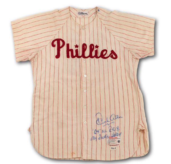 1964 DICK ALLEN SIGNED PHILADELPHIA PHILLIES GAME WORN AND INSCRIBED ROOKIE HOME JERSEY 