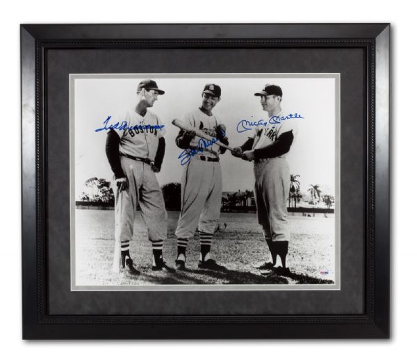  FRAMED 16 X 20 PHOTO SIGNED BY BASEBALL GREATS MANTLE, WILLIAMS & MUSIAL GEM MINT PSA/DNA 10
