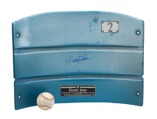  DEREK JETER SIGNED AUTHENTIC SEATBACK FROM ORIGINAL YANKEE STADIUM AND SIGNED 2011 GAME USED BASEBALL STEINER AUTHENTIC