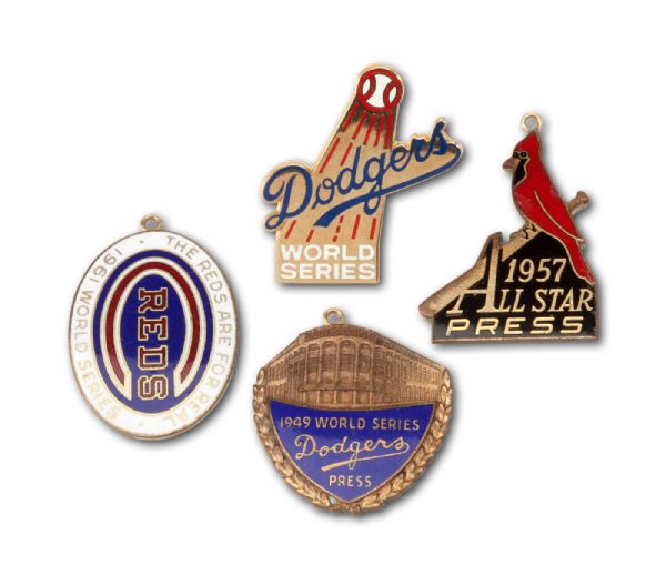  1949 BROOKLYN DODGERS WORLD SERIES, 1957 MLB ALL-STAR GAME, AND 1961 CINCINNATI REDS WORLD SERIES 14K CHARMS PLUS A 1977 LOS ANGELES DODGERS WORLD SERIES PRESS PIN