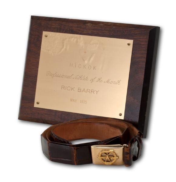  RICK BARRY 1966 HICKOK BELT AND 1975 HICKOK ATHLETE OF THE MONTH PLAQUE (BARRY LOA)