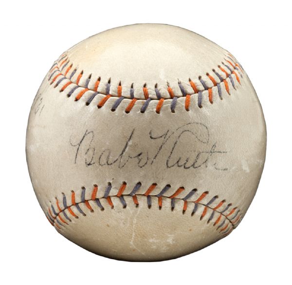  BABE RUTH SINGLE SIGNED BASEBALL WITH RARE DATE NOTATION "FEB 5, 1931" IN RUTHS HAND
