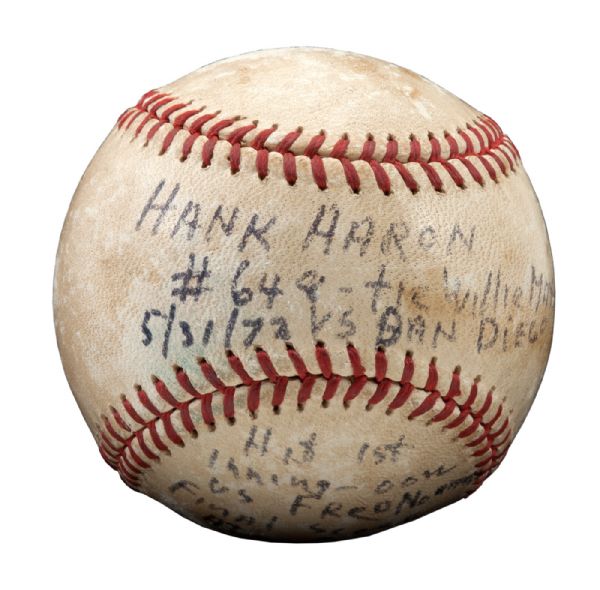  1972 HANK AARON CAREER HOME RUN #648 BASEBALL (TYING WILLIE MAYS FOR 2ND ALL-TIME MLB HRS)