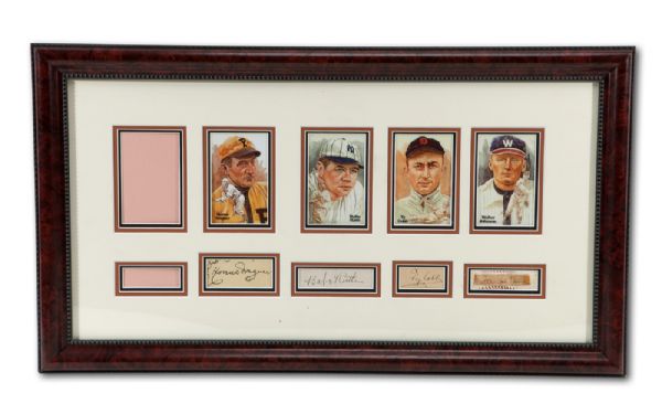  BABE RUTH, HONUS WAGNER, TY COBB AND WALTER JOHNSON FRAMED AUTOGRAPH DISPLAY