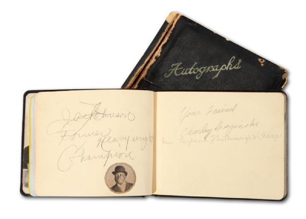  c. EARLY 1900S- MULTI-SIGNED HALL OF FAMERS AND STARS LOT OF (2) AUTOGRAPH BOOKS (127 SIGNATURES) INCL. JACK JOHNSON, JOE LOUIS, KID KAPLAN, LENNY "BOOM BOOM" MANCINI AND MANY MORE