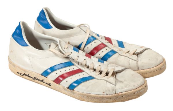 JOHN HAVLICEKS ADIDAS SUPER STARS RED WHITE AND BLUE GAME WORN AND SIGNED SHOES (HAVLICEK LOA)