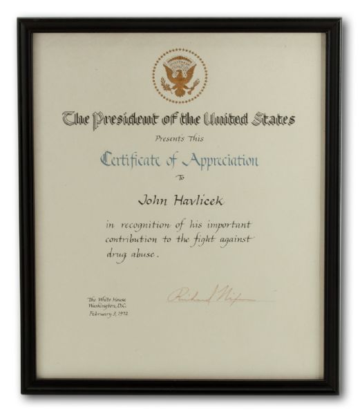 JOHN HAVLICEK’S 1972 CERTIFICATE OF APPRECIATION FROM RICHARD NIXON ON PRESIDENTIAL LETTERHEAD (HAVLICEK LOA)