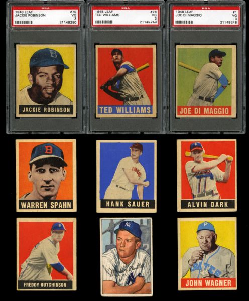  1948 LEAF BASEBALL LOT OF 47 DIFFERENT INC. DIMAGGIO, ROBINSON, WILLIAMS, WAGNER, AND 5 SHORT PRINTS PLUS MORE
