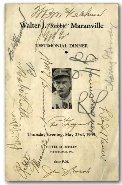  MAY 23, 1935 WALTER J. "RABBIT" MARANVILLE TESTIMONIAL DINNER PROGRAM SIGNED BY BABE RUTH (JUST 2 DAYS BEFORE 3 HOME RUN GAME AND ONE WEEK BEFORE RETIREMENT), HONUS WAGNER, AND 6 OTHER HOFERS