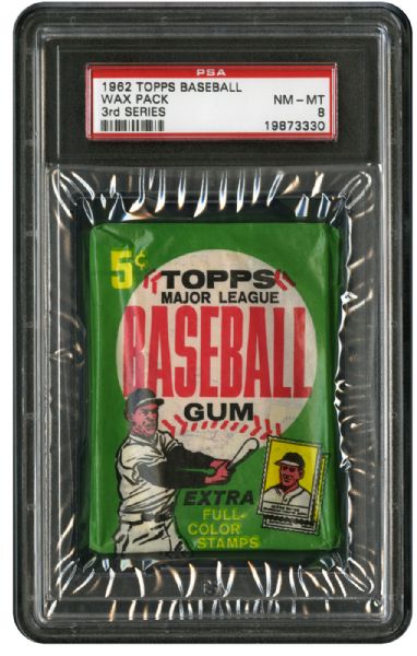  1962 TOPPS BASEBALL UNOPENED 5 CENT WAX PACK (3RD SERIES) NM-MT PSA 8 (1/1)