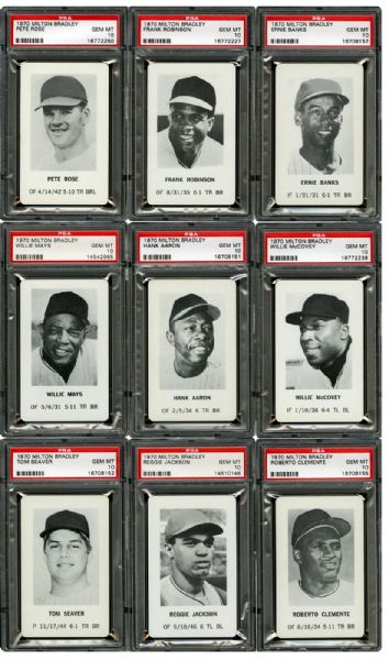  1970 MILTON BRADLEY BASEBALL COMPLETE SET OF 29 (THE #1 ALL-TIME SET ON PSA SET REGISTRY WITH PERFECT 10.00 GPA AND SET RATING) PLUS BOX AND MORE