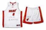  UPPER DECK AUTHENTICATED LEBRON JAMES SIGNED AND INSCRIBED  PHOTO SHOOT WORN MIAMI HEAT WHITE UNIFORM