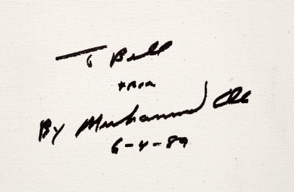 MUHAMMAD ALI SIGNED AND INSCRIBED ORIGINAL ARTWORK "TO BILL FROM MUHAMMAD ALI 6-4-89"