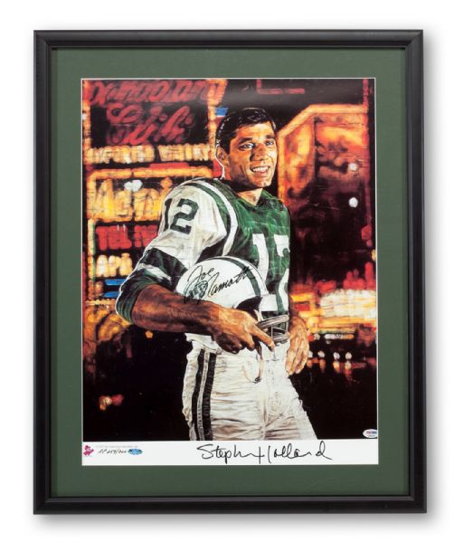 JOE NAMATH AND ARTIST STEPHEN HOLLAND SIGNED AND FRAMED 18 X 24 LITHOGRAPH ARTIST PROOF (259/300) 