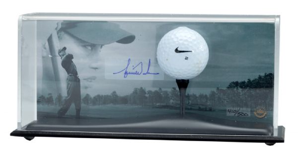 TIGER WOODS SIGNED LIMITED EDITION (410/500) UDA CARD WITH RANGE DRIVEN NIKE GOLF BALL