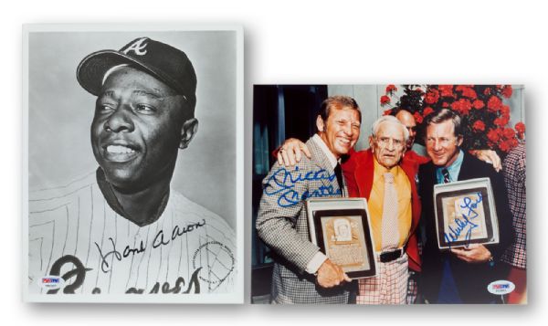 LOT OF (3) SIGNED HOF 8 X 10 PHOTOS - MICKEY MANTLE/WHITEY FORD SIGNATURES GRADED PSA/DNA 9, HANK AARON GRADED PSA/DNA 8 AND HIGH GRADE AARON OML (SELIG) BASEBALL PSA/DNA 9