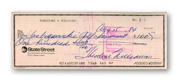 TED WILLIAMS BANK CHECK SIGNED "THEODORE WILLIAMS" MADE OUT TO "YASTRZEMSKI GOLF TOURNAMENT"