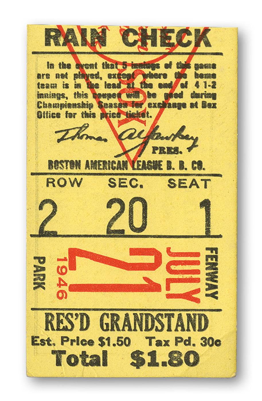 Boston Red Sox Ticket Stub - American League (AL) - Chris