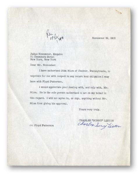NOVEMBER 29, 1962 CHARLES "SONNY" LISTON TYPED SIGNED LETTER