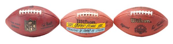 LOT OF (3) NFL GAME USED FOOTBALLS - SUPER BOWL XIV (STEELERS VS. RAMS JANUARY 20, 1980), NFC CHAMPIONSHIP (RAMS VS. TAMPA BAY), c. 2011 SEATTLE SEAHAWKS TEAM FOOTBALL