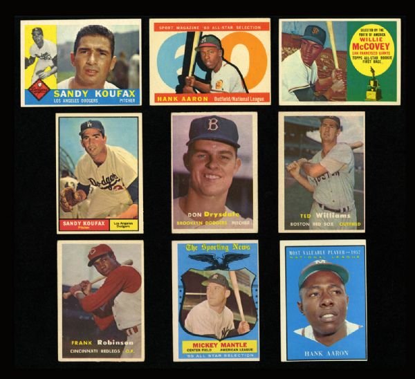1957-1963 TOPPS BASEBALL HALL OF FAME LOT OF 14 INC. MANTLE, WILLIAMS, KOUFAX (2), F. ROBINSON ROOKIE