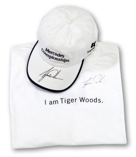 TIGER WOODS SIGNED MERCEDES CHAMPIONSHIP CAP AND "I AM TIGER WOODS" TEE SHIRT