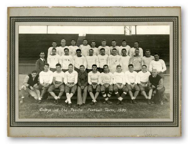 1934, 1935, AND 1936 COLLEGE OF THE PACIFIC FOOTBALL TEAM PICTURE CABINET PHOTOS FEATURING LEGENDARY COACH AMOS ALONZO STAGG 