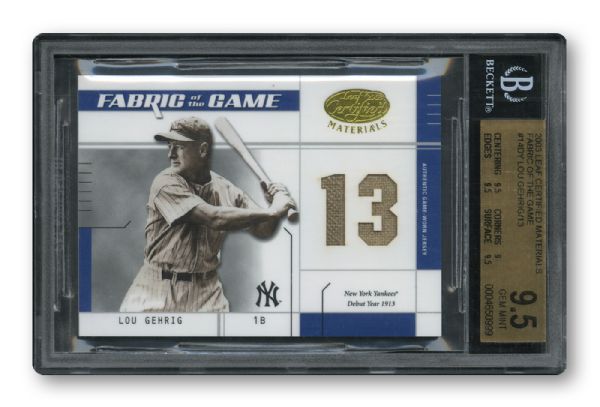 2003 LEAF CERTIFIED MATERIALS "FABRIC OF THE GAME" LOU GEHRIG (#4 OF 13) GEM MINT BGS 9.5