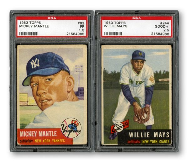 1953 TOPPS BASEBALL #82 MICKEY MANTLE FR PSA 1.5 AND #244 WILLIE MAYS GD+ PSA 2.5